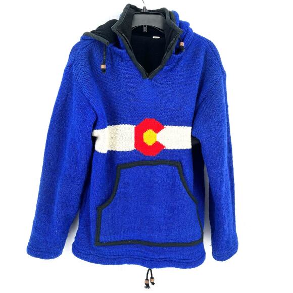 Colorado State Flag Knit Sweater Fleece Lined Pullover Hoodie Jacket Sz M Nepal - Picture 1 of 5
